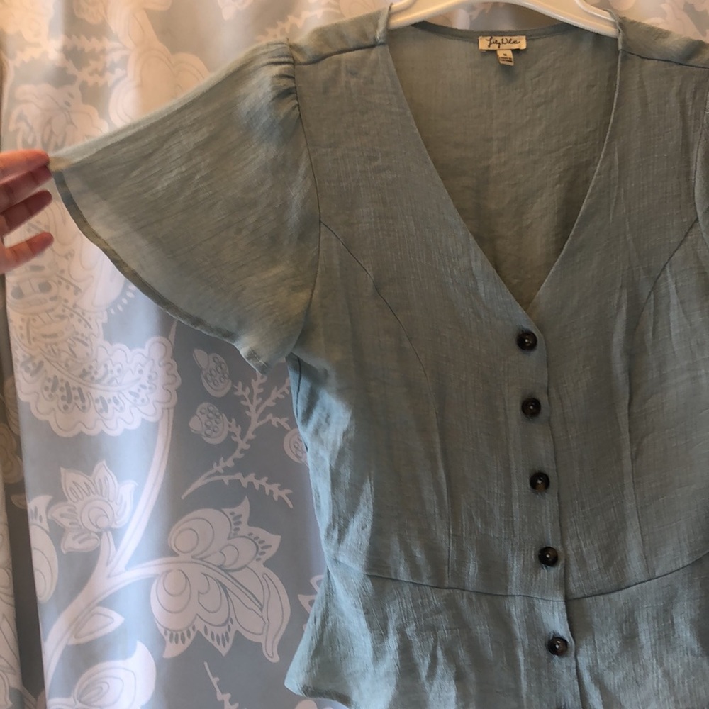 Lily White seafoam mint green top flounced sleeves peplum V-neck vintage feel - Picture 7 of 10